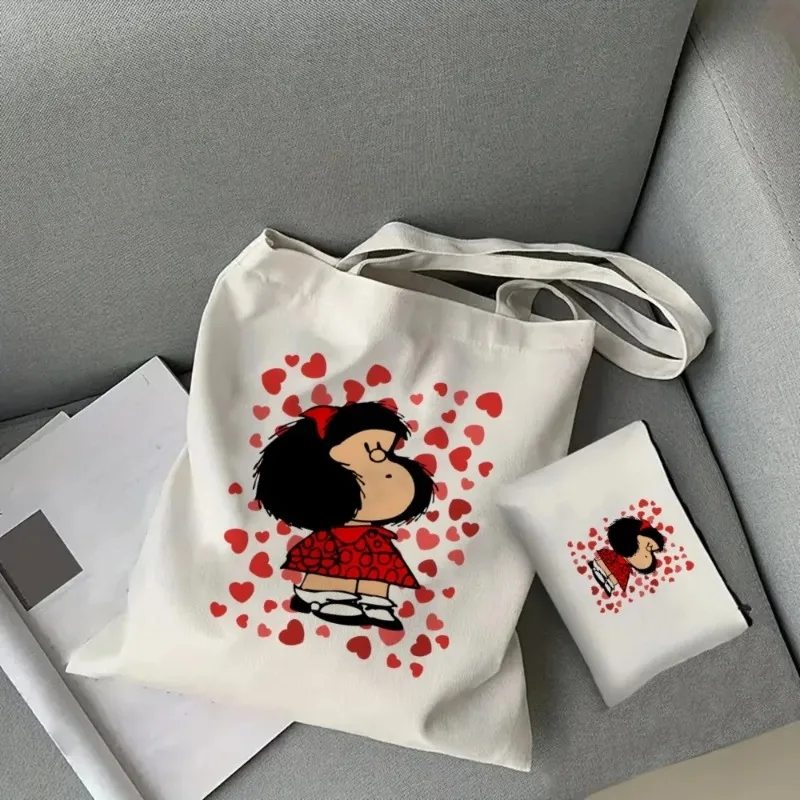 2pcs/set Cute Cartoon Mafalda Women\'s Handbag Cosmetic Organizer Fashion Shoulder Bag Eco Large Capacity Shopping Bag Schoolbag