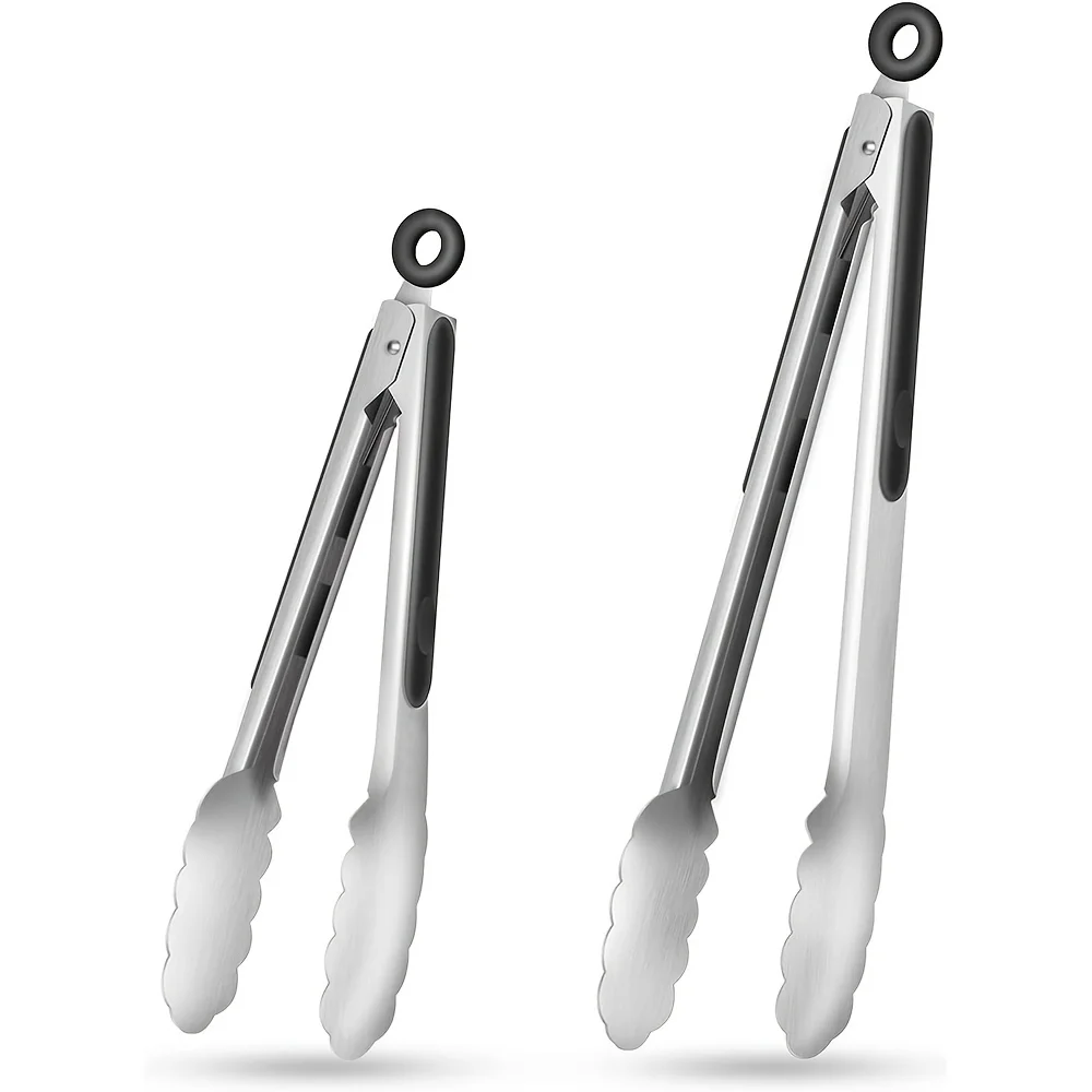 1pc Set Stainless Steel Kitchen Tongs, Silicone Non-Slip Handles, Locking Barbecue Food Clips, 9-Inch and 12-Inch, Grilling Tool