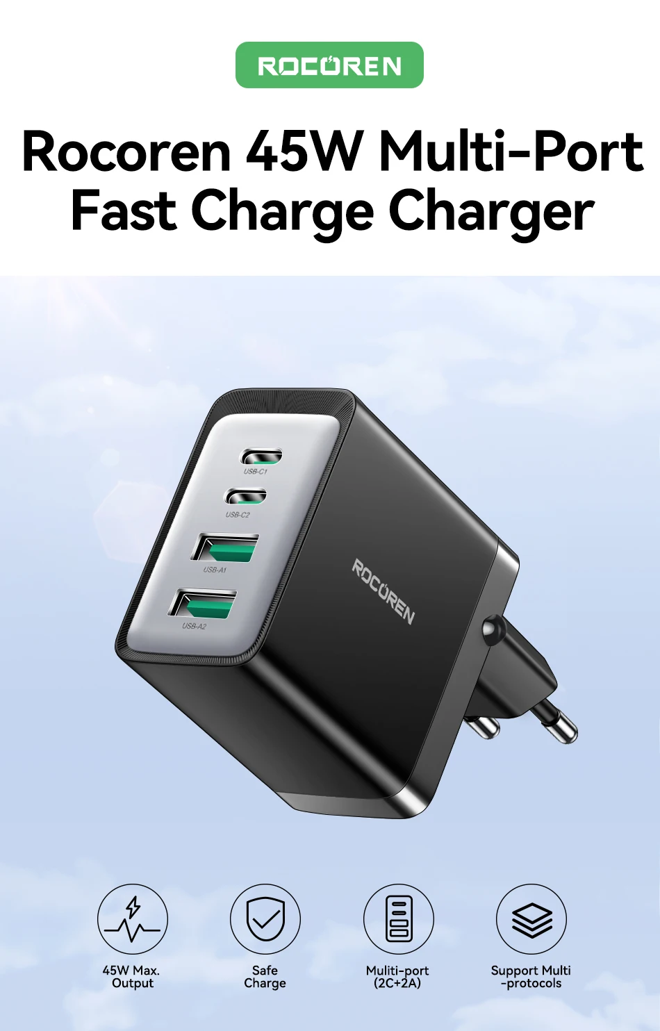 Rocoren 45 W GaN Ladegerät Mehrere PD Schnellladung USB Typ C Ladegerät Schnellladung für iPhone 16 15 iPad Pro Max Samsung Xiaomi – Detail 1