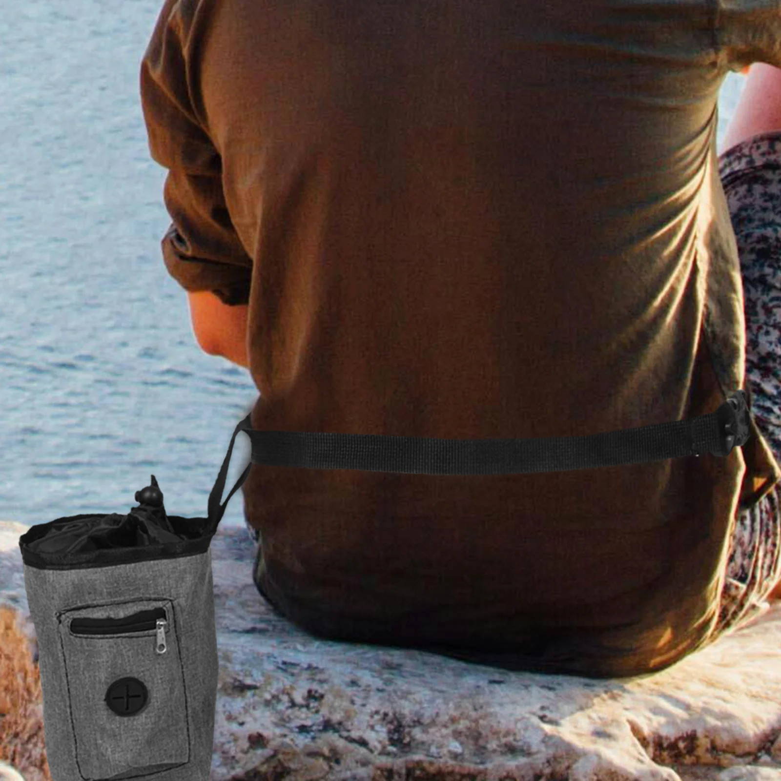 クライミングチョークバッグ グレーオックスフォード布 滑り止め耐久性のあるチョークポーチ ロッククライミング 登山 フィットネス 犬のトレーニング用