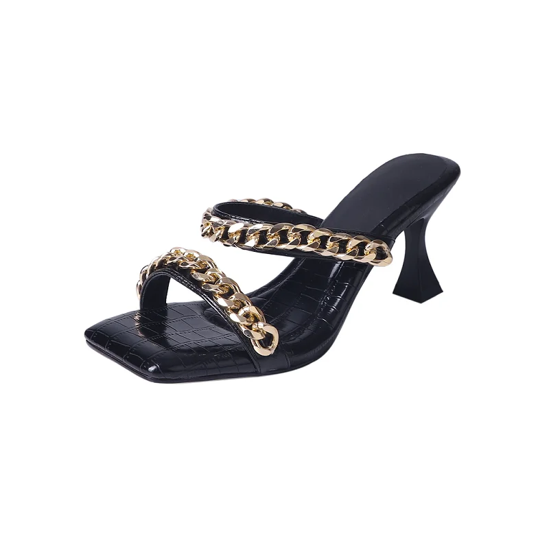 Women's Summer Shoes Fahion Chains Sandals Black Silver High Heel Open Toe Sandals Sexy Women's Shoes Outer Wear Slippers