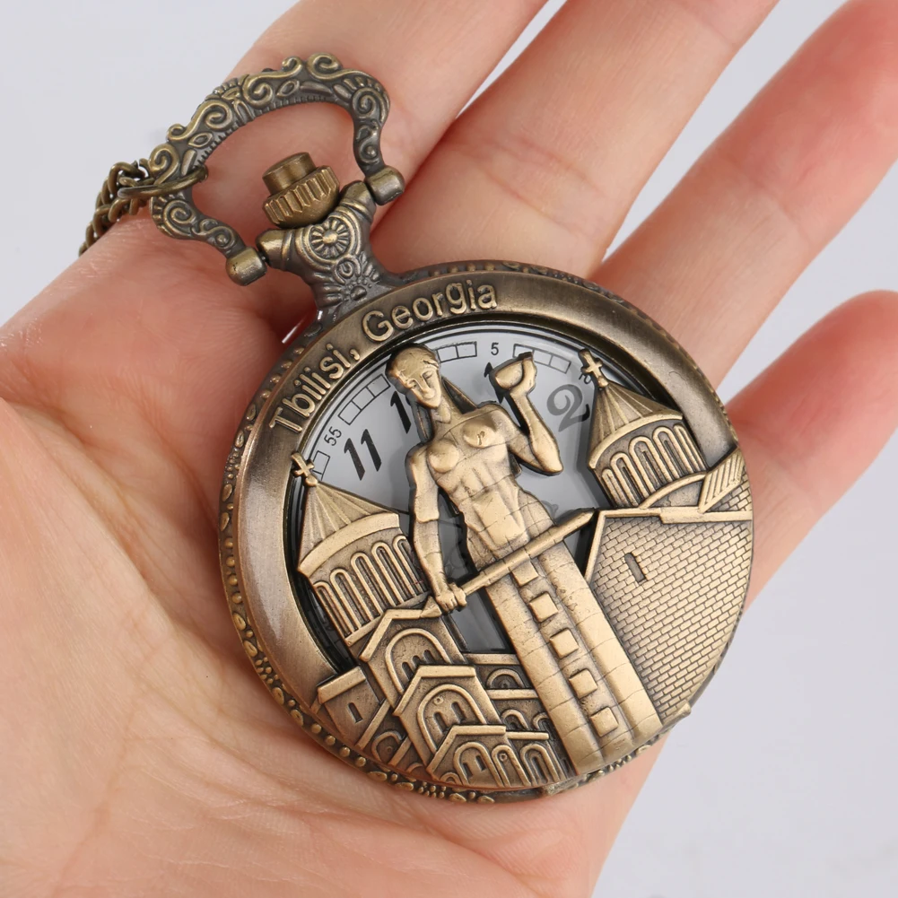 Tiflis Georgia Bronze Fob Kette Quarz Taschenuhr Männer Frauen Halskette Anhänger Tasche Zeitmesser Arabischen Ziffern Display Zifferblatt