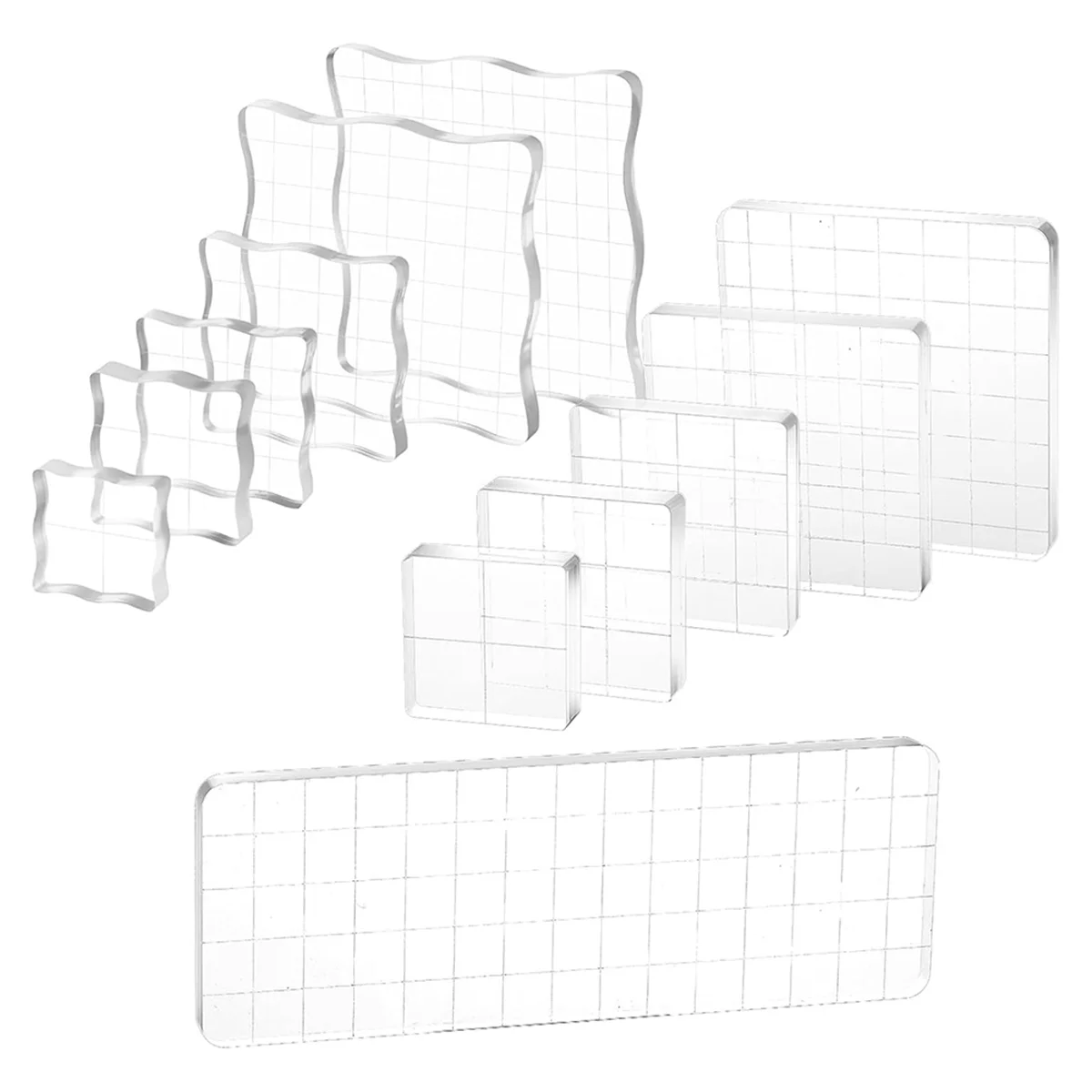 New 12Pcs Acrylic Stamp Block Clear Stamping Blocks Tools Set Assorted Sizes Stamp Blocks with Grid Lines for Crafts