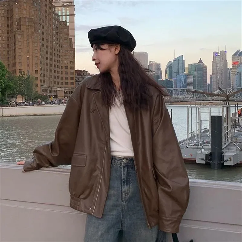 Veste en similicuir à manches longues pour femmes avec fermeture éclair, manteau en similicuir, vêtements d'extérieur rétro pour femmes, nouveau