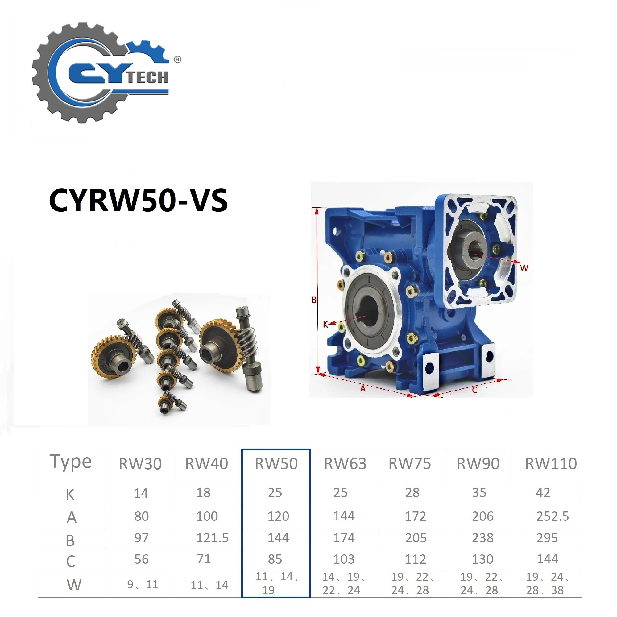 CHENYUE Worm Gearbox CYRW-VS 050 Gear Reducer Input 11/14/19mm Flange 63B5/71B14/80B5 Output 25mm Ratio 5:1-100:1