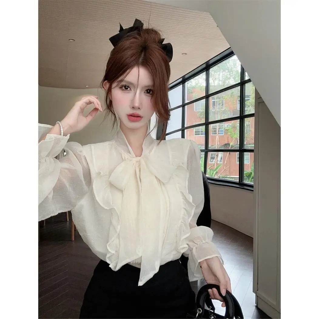 Elegant Unique Long Sleeve Chiffon Shirt Women's Slim Fit Shirt Beautiful Small Top for Ladies Autumn New Style French Style
