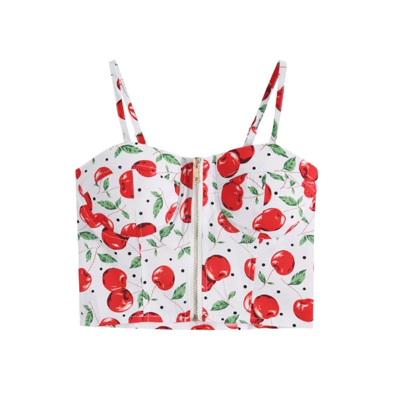 New Sexy Slim Cherry Print Spaghetti Straps Summer Camis Fresh Fashion Basic Sweet Draped White Camisole Tops for Women