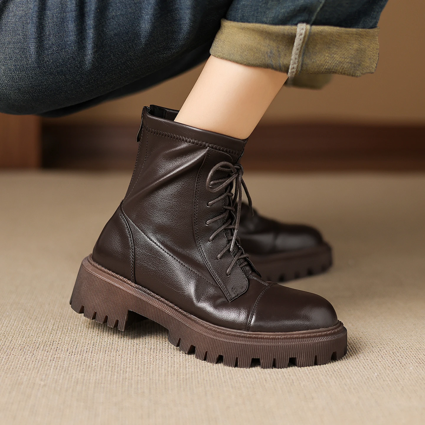 

NEW Autumn Women Boots Genuine Leather Shoes for Women Round Toe Chunky Heel Shoes Slip-on Chelsea Boots Daily Shoes Ankle Boots