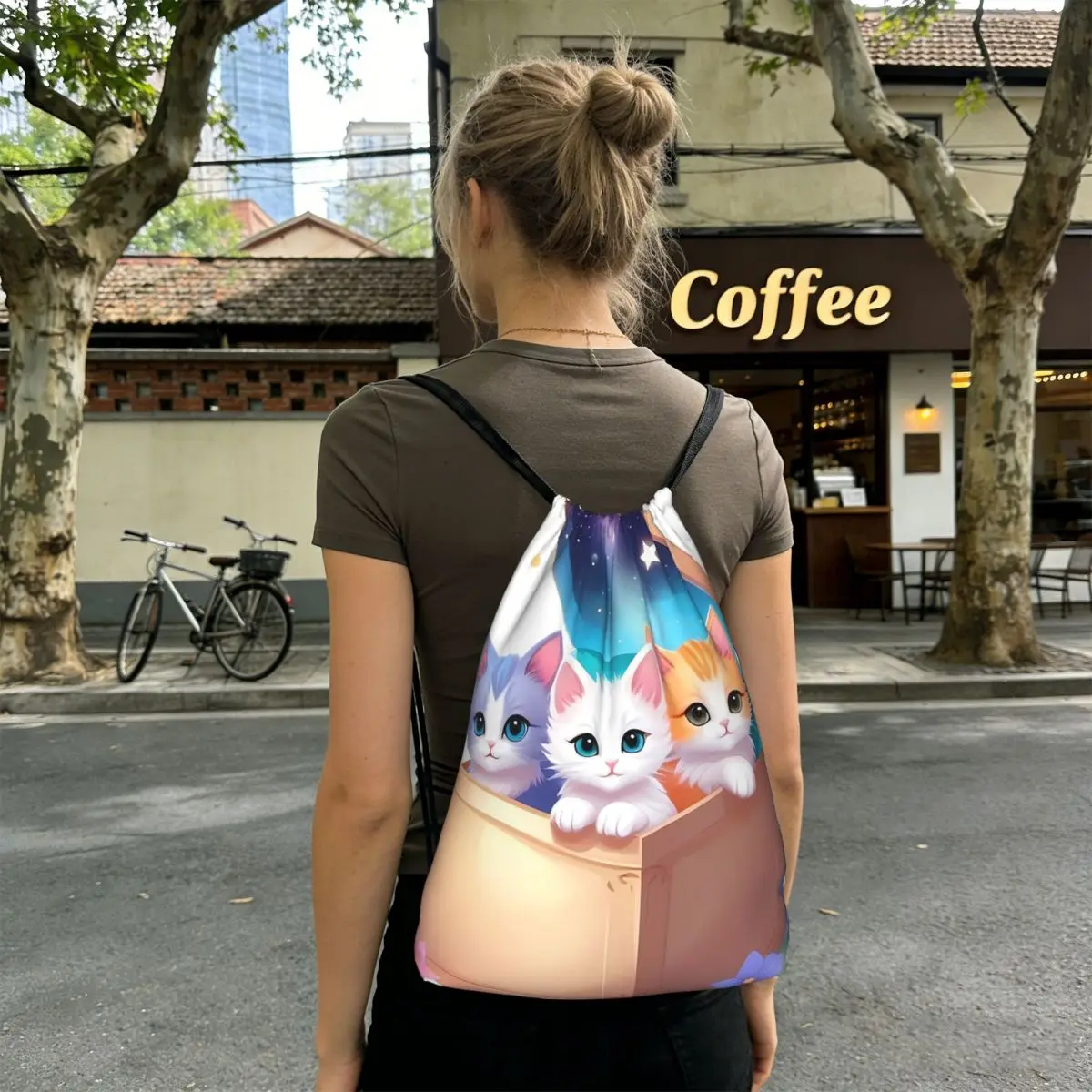 Three Kitten Wooden Box Pattern Backpacks Casual Drawstring Bags Sports Bag Book Bags for Man Woman Students