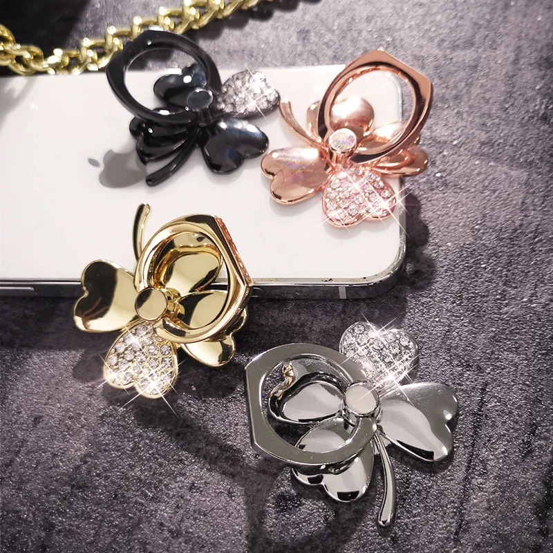 Four Leaf Clover Phone Finger Ring Holder For iPhone Redmi Samsung Crystal Metal Grip Rotation Cellphone Stand Mount Bracket
