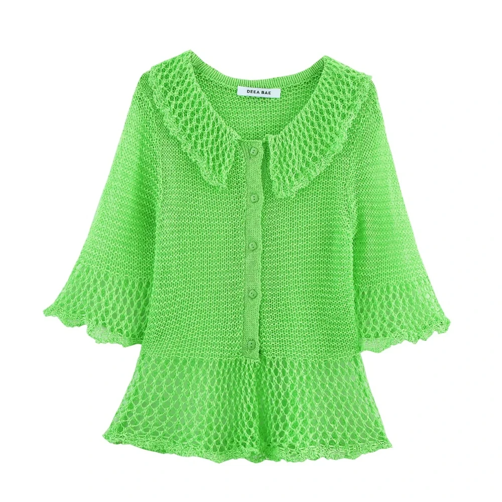 

KONDALA High Street Hollow Shirt Women Lapel Buttons Petal Cuff Shirts 2025 Summer Fall Fashion Romantic Holidays Beach Cardigan