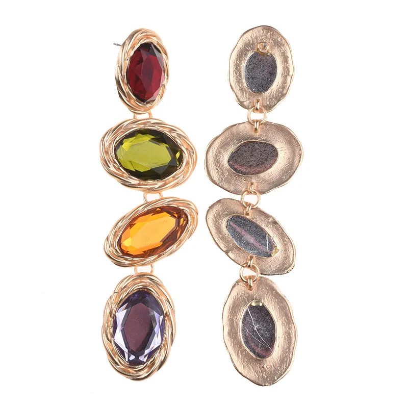 2026 New Colorful Crystal Oval Long Statement Earrings Women Vintage Indian Boho Ethnic Large Dangle Earrings Jewelry Female