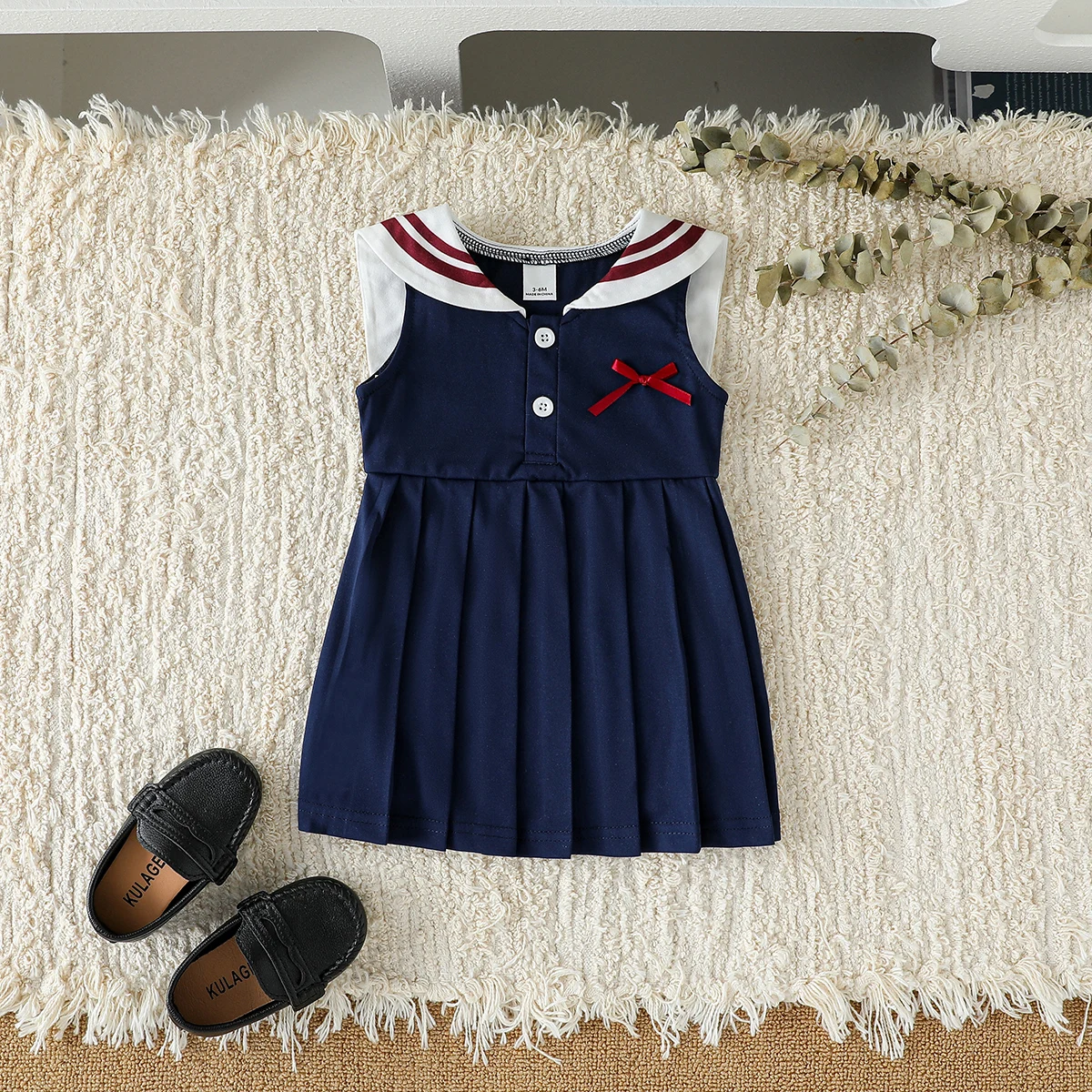 Sommer ärmelloses Baby Mädchen Weste Kleid mit Schleife Marine Kragen und Faltenrock süße Prinzessin Stil Kinder Outfit Kleidung