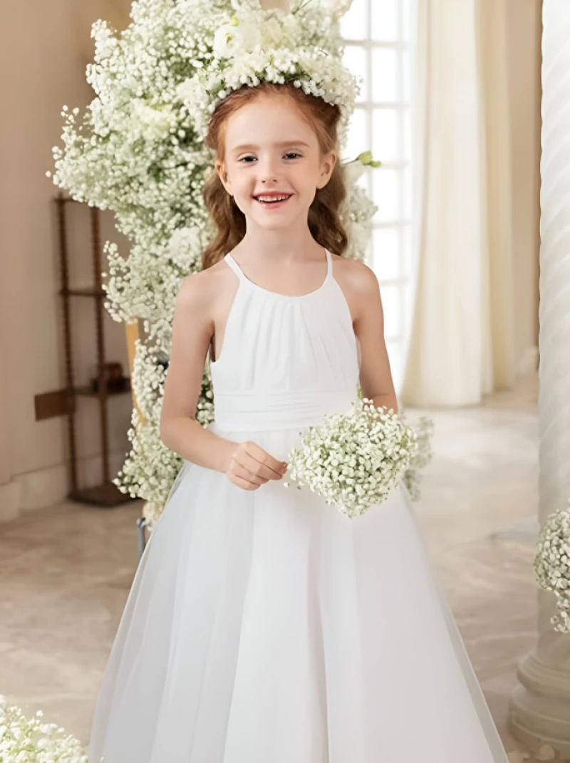 

Ivory White Flower Girl Dresses Halter Collar Sleeveless Long Princess Dress Kids Chiffon Empire Wedding Party Fairy Ball Gowns