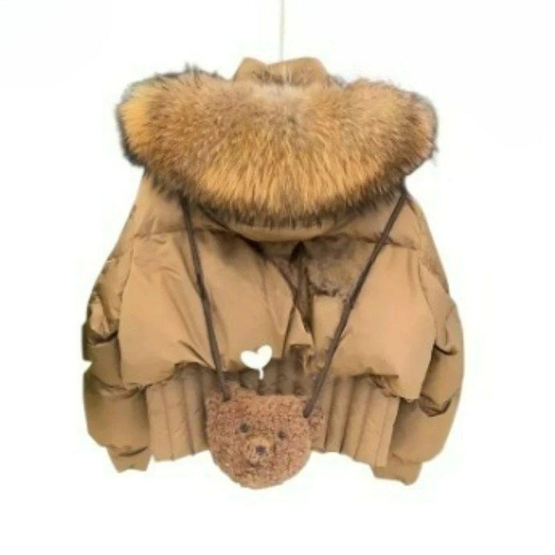 

Американская популярная маленькая куртка для хлеба, высококачественный супер красивый нишевый темпераментный коричневый пуховик с капюшоном для женщин