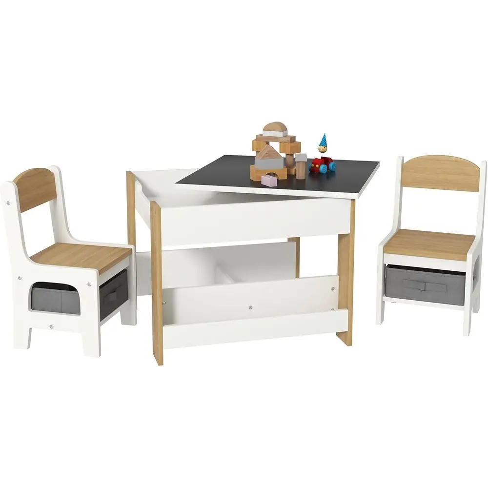 

3-Piece Toddler Wooden Table and Chair Set with Reversible Blackboard and Storage