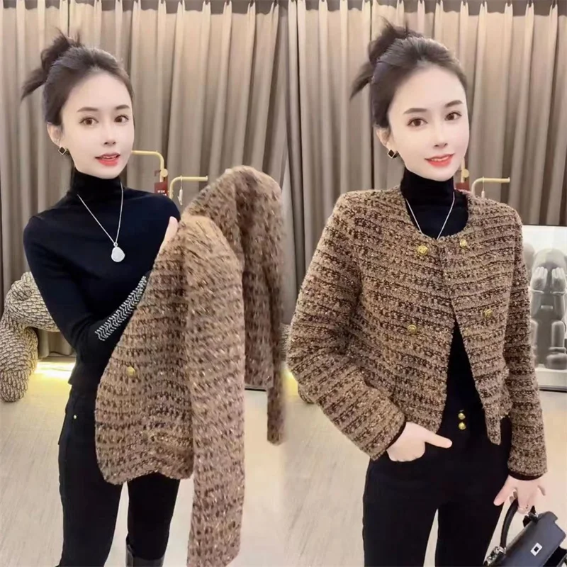 Fragrant Style Coat Top Women's Spring Autumn Jacket Tops Small Fashion Korean Version Round Neck Weave Short Outerwear 2027new
