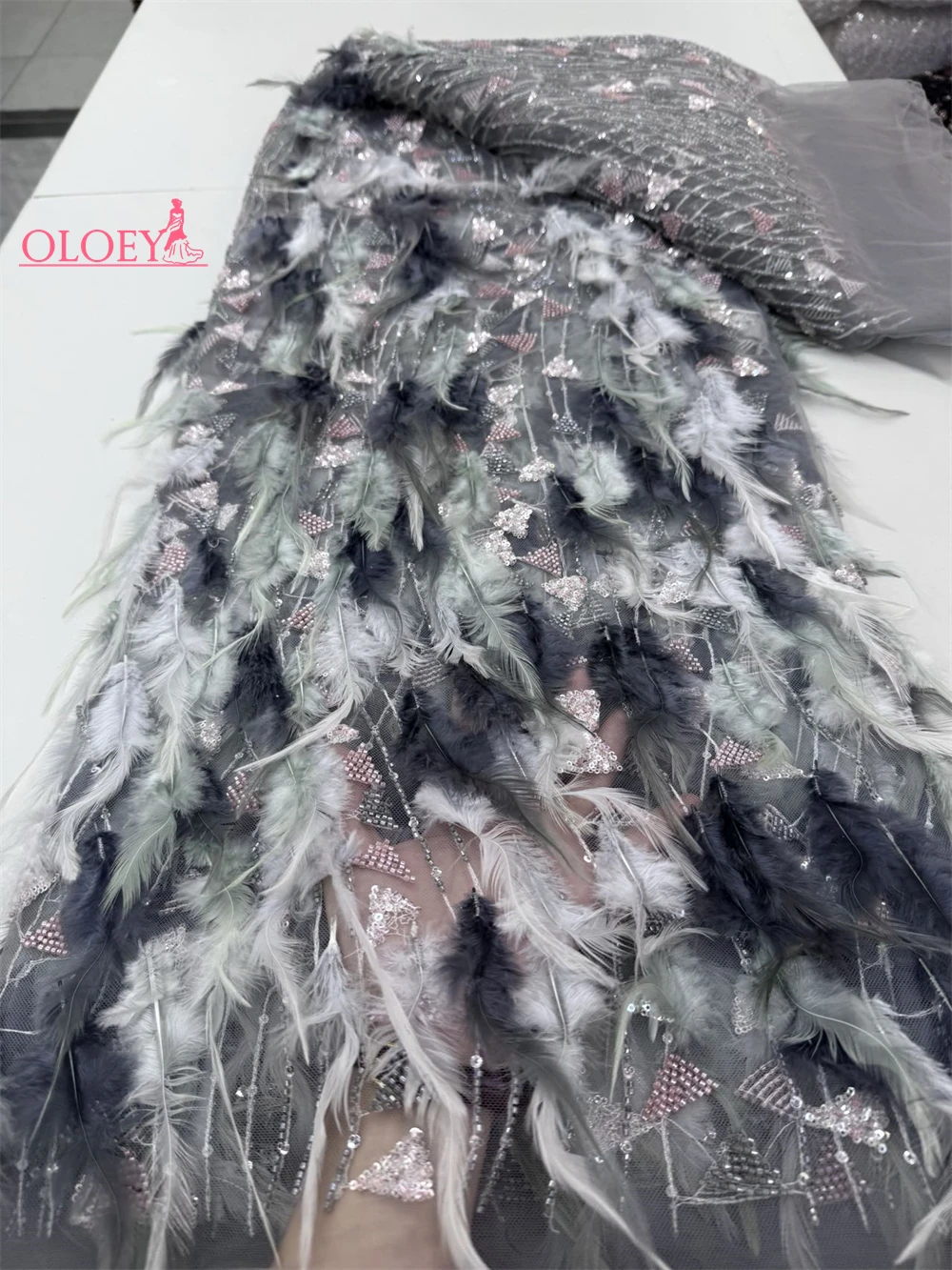 Latest Luxury Elegant African Feather Lace Fabric Embroidery  With Sequins Nigerian Tulle For Wedding Party Long Dress JH0750E