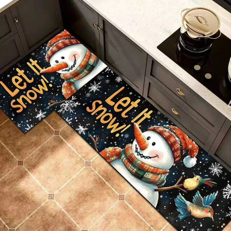 VIKAMA 1/2pcs Blue Wood Grain Gnome Tree Gift Kitchen Rug Dirt Resistant Non Slip Kitchen Floor Christmas Holiday Home Decor