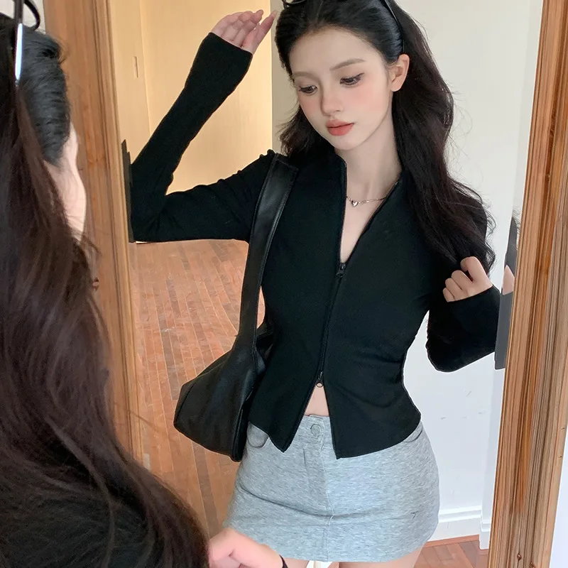 Women Coat Small Thread Stand Up Collar Double Zipper Solid Color Simple Knitted Cardigan Slim Fit Versatile Short Sleeved Top
