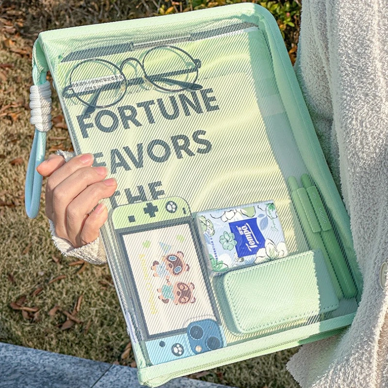 Carpeta de archivos transparente con cremallera para escuela de estudiantes, portapapeles de plástico de carcasa dura, bolsa de almacenamiento de papel de dibujos animados