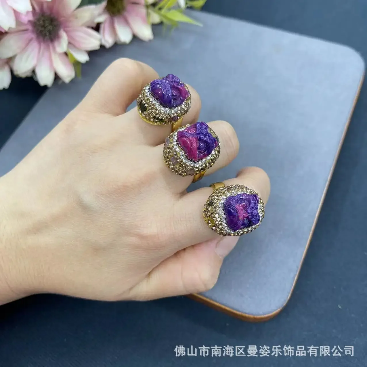 Anillo ajustable de piedra rugosa de turmalina con incrustaciones de danza de León, nuevo diseño de nicho chino, Original, hecho a mano