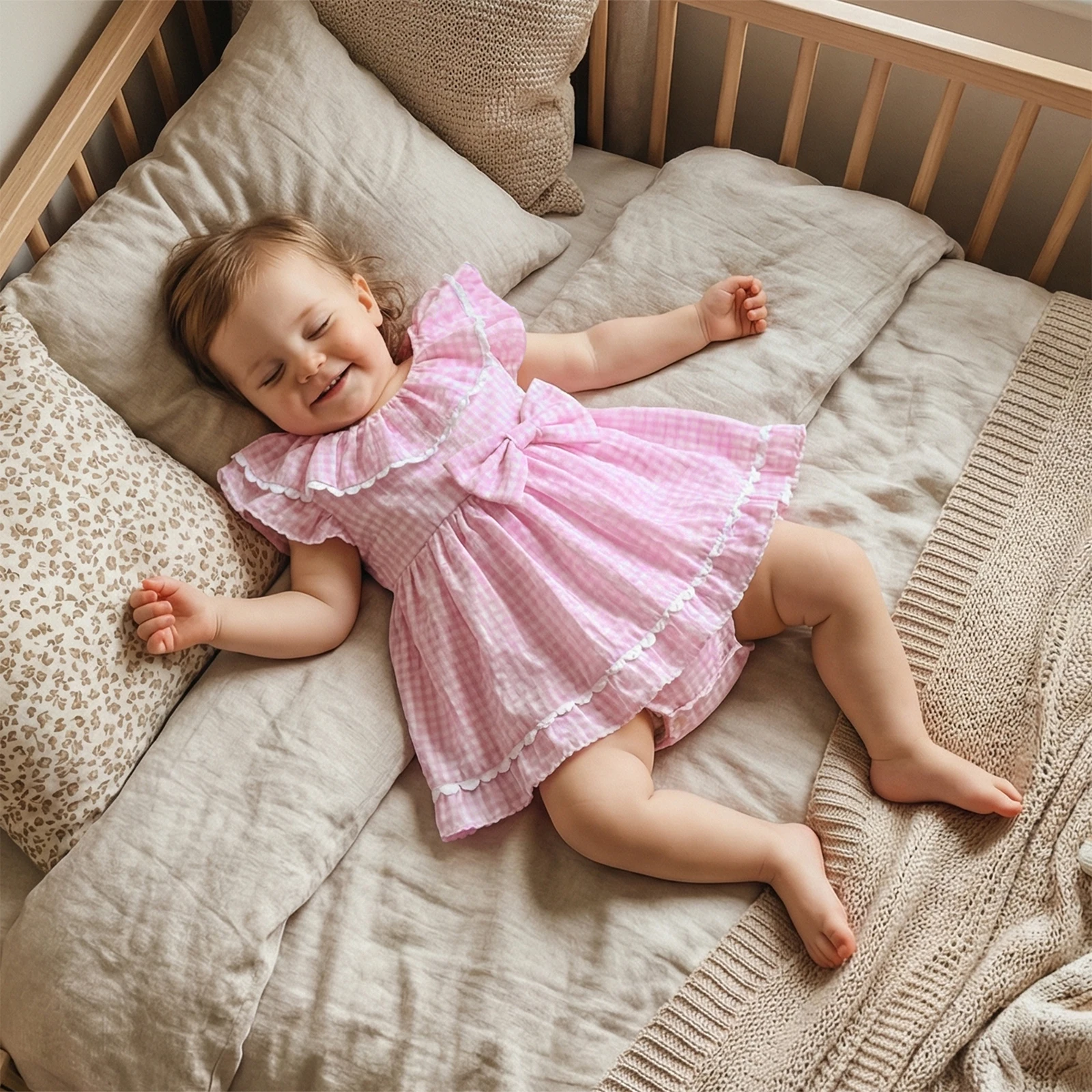 

Летние комбинезоны для маленьких девочек, модные клетчатые комбинезоны без рукавов с круглым вырезом и бантом, милая одежда для новорожденных