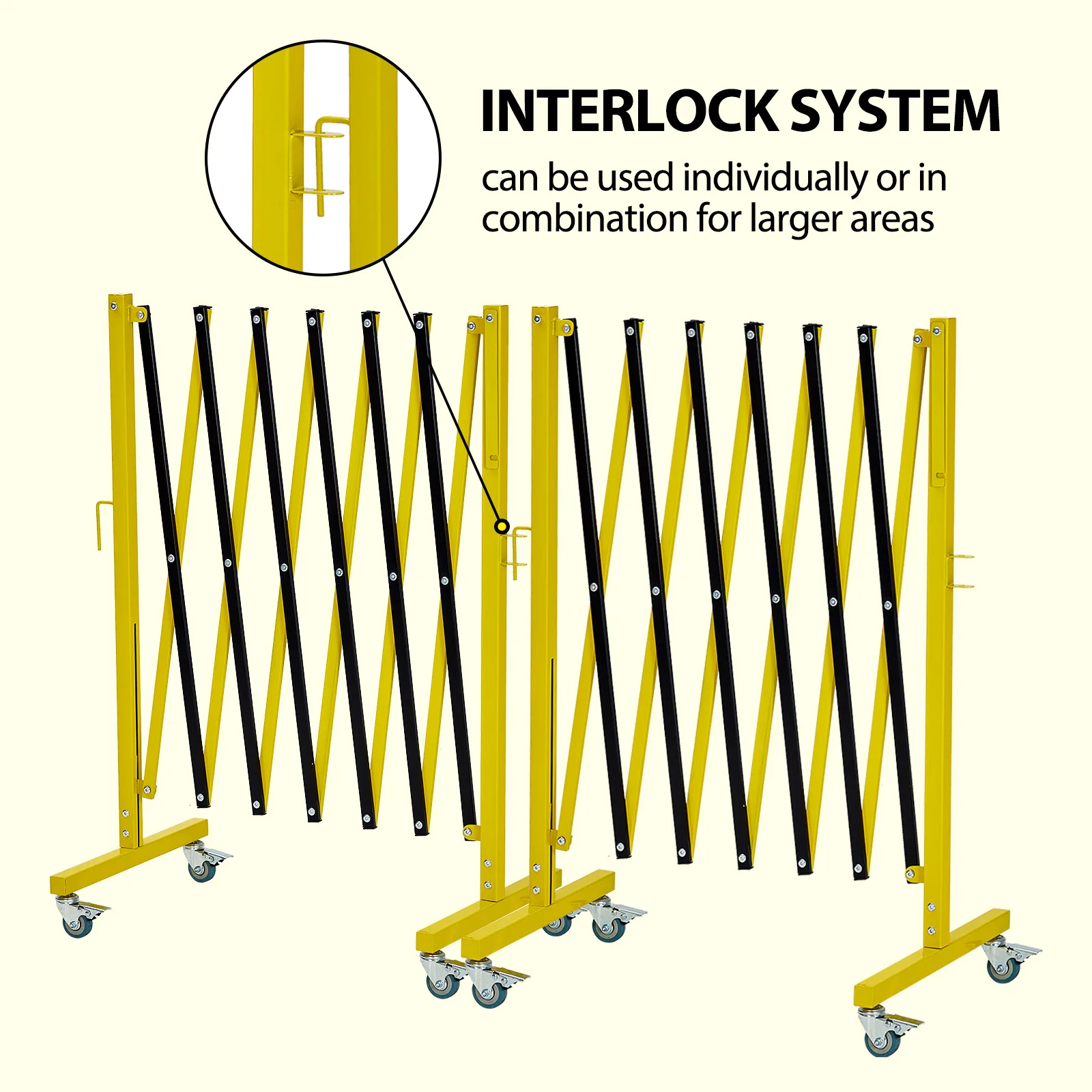 Barrière métallique extensible industrielle, barrière de sécurité mobile, barrière de circulation rétractable, 11 pieds, jaune et noir