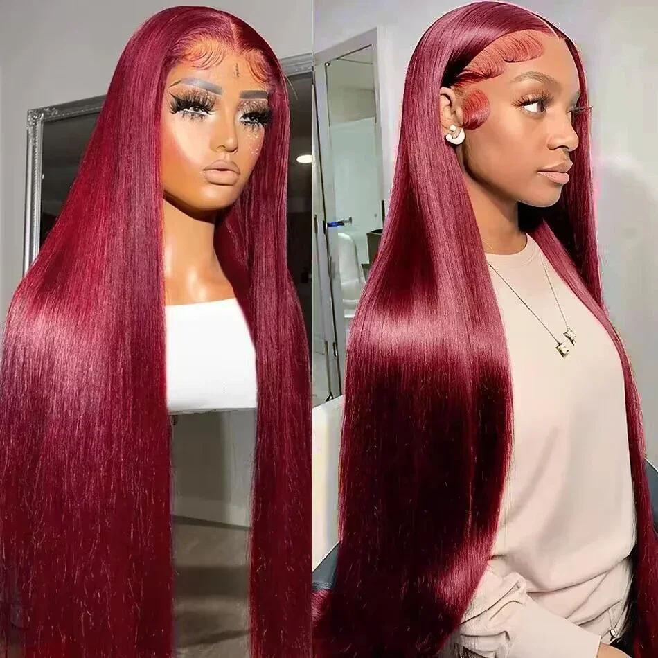 99j Burgundy 34 Inch Colored Red Wig HD Straight Lace Frontal Human Hair Wigs 13x4 Transparent Lace Front Pre Plucked