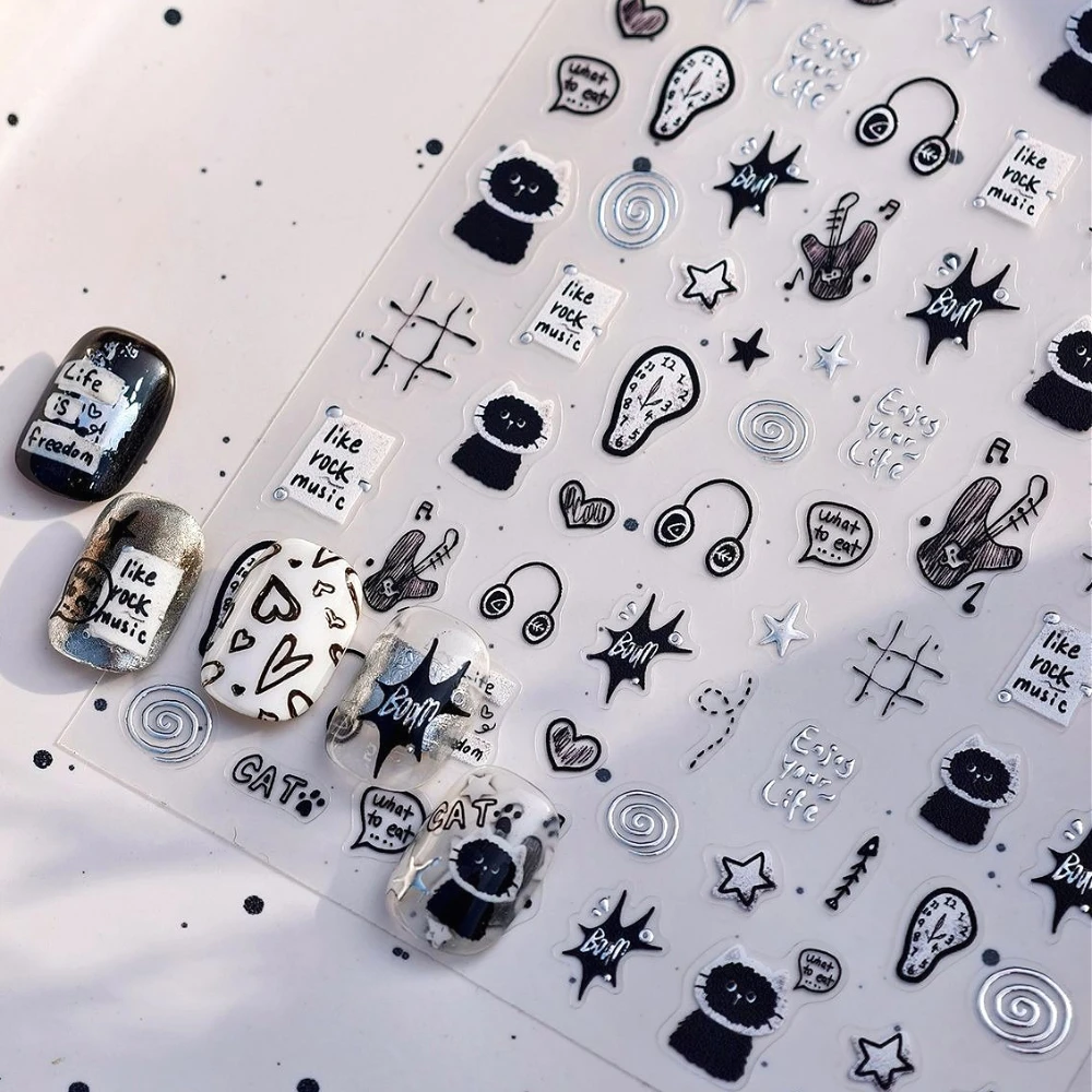

Sweet Cool Graffit Earphone Electric Guitar Note Kitten Fish Bone Stars 3D Self Adhesive Nail Art Sticker Lovely Manicure Decals