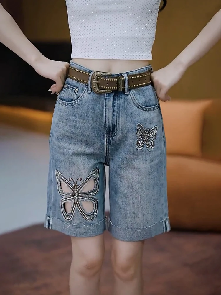 

Denim shorts women in summer 2025 new hot items summer straight tube heavy-duty hollow out five quarter fashion pants
