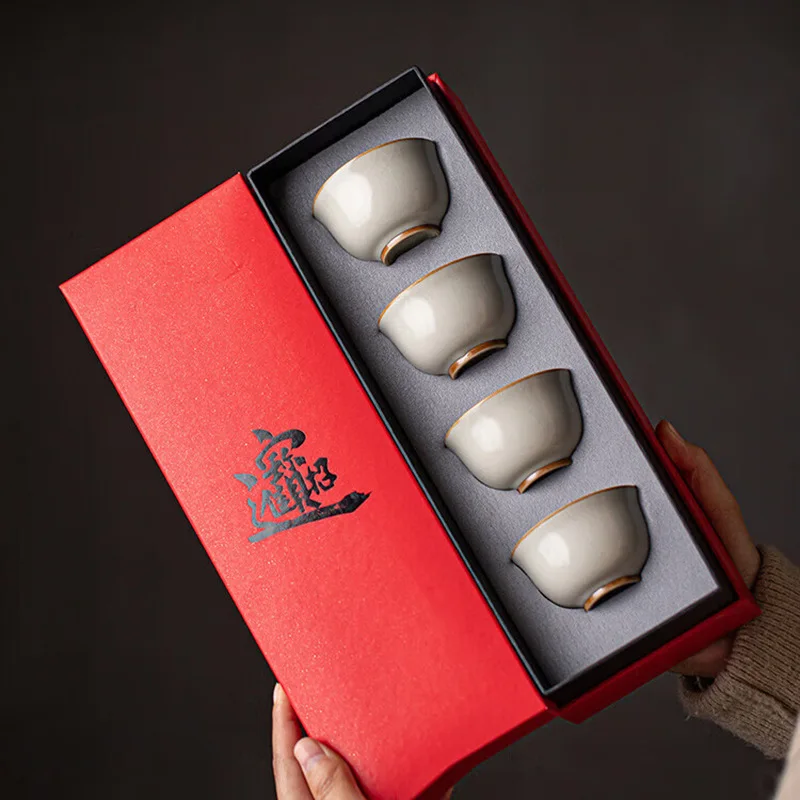 

Бежевая чашка Ru Kiln Kung Fu Master Cup Маленькая чашка для чая Простая бытовая потрескавшаяся чашка для чая Можно пищить дегустацию чашки4Подарочная коробка
