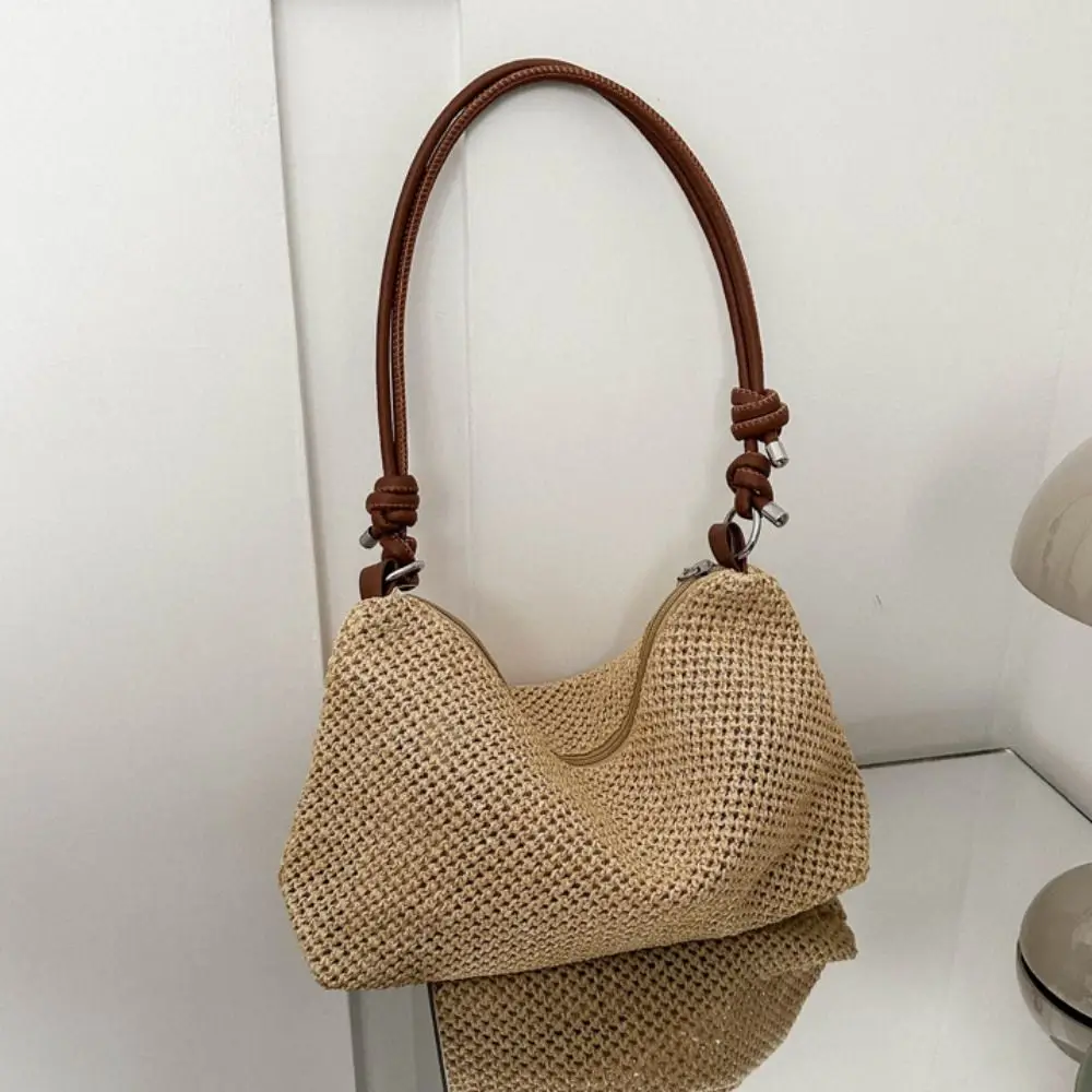 Large Capacity Straw Woven Crossbody Bag Adjustable Shoulder Strap Zipper Woven Shoulder Bag Handmade Bohemian Style