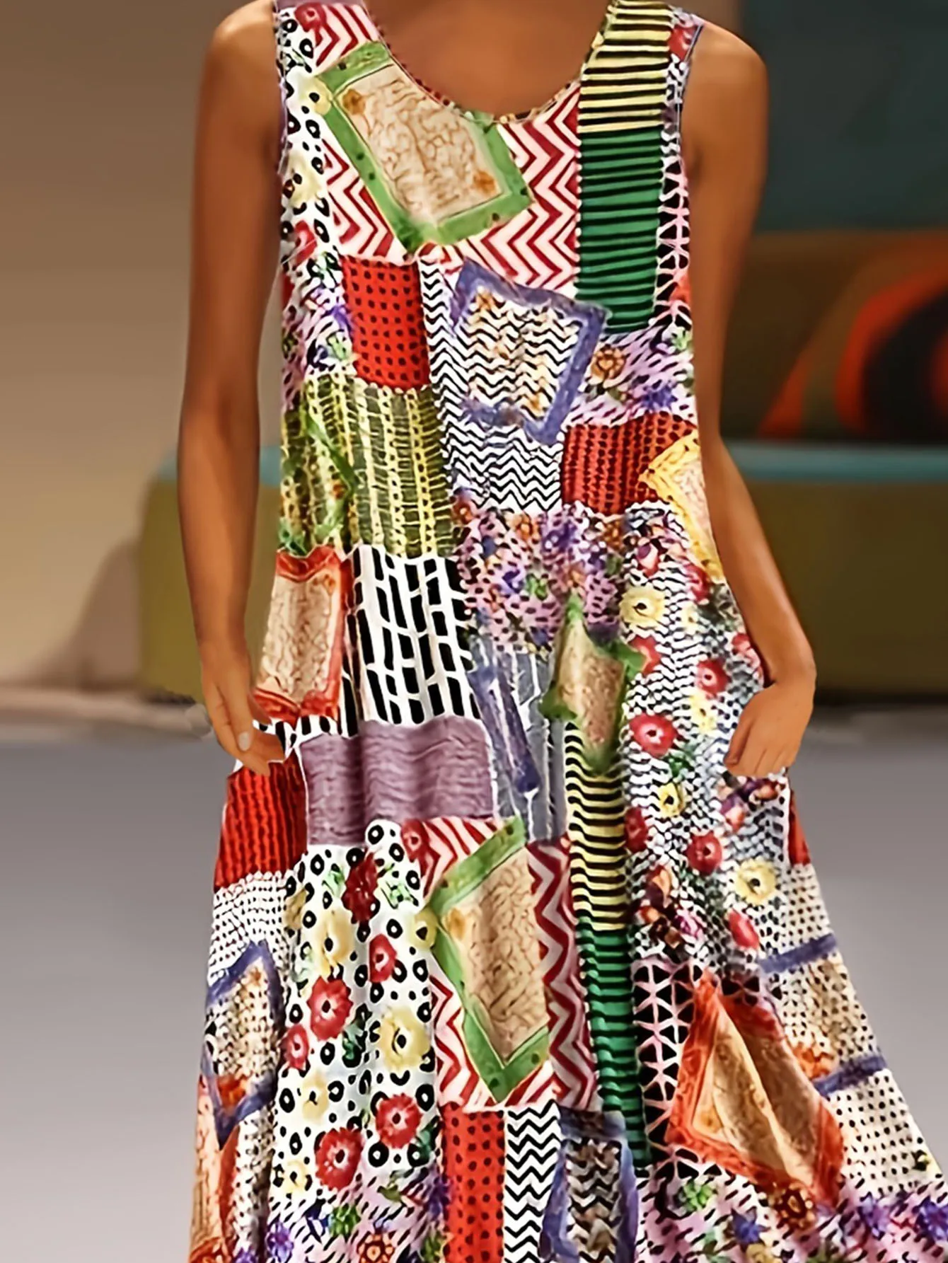 Abito canotta da donna con stampa floreale taglie forti - Girocollo casual senza maniche,