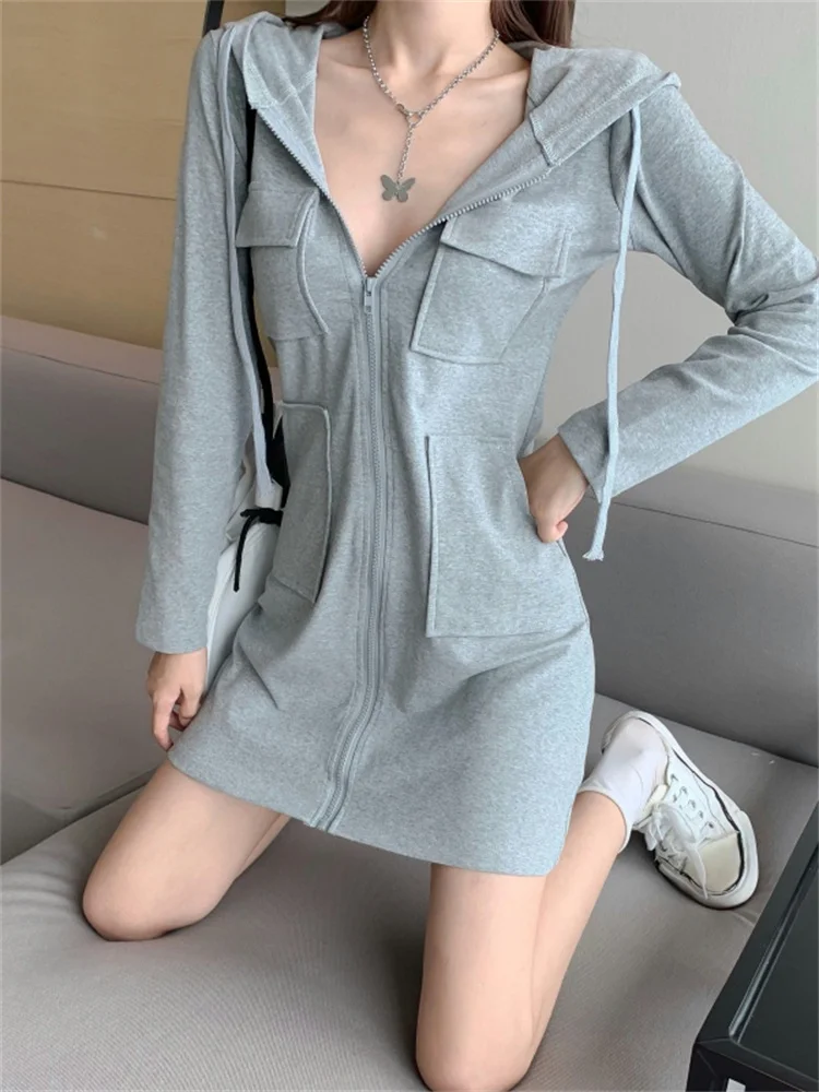 High Waist A-Line ort Skirt Dr Women's Long Sve Spor Sweet And Sal Sle Zipper Hooded Dr Korean Sle Commute