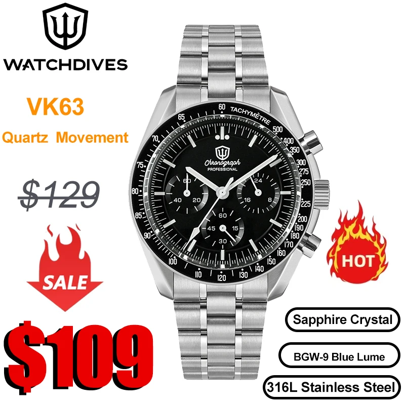 Watchdives WD1860 Quartz Watch VK63 Chronograph Movement Sapphire