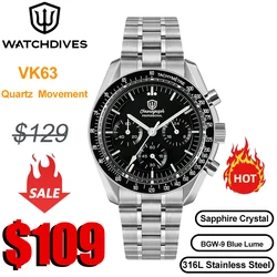Watchdives WD1860 Quartz Watch VK63 Chronograph Movement Sapphire Crystal BGW9 Luminous 20Bar Waterproof 40mm Vintage Watches