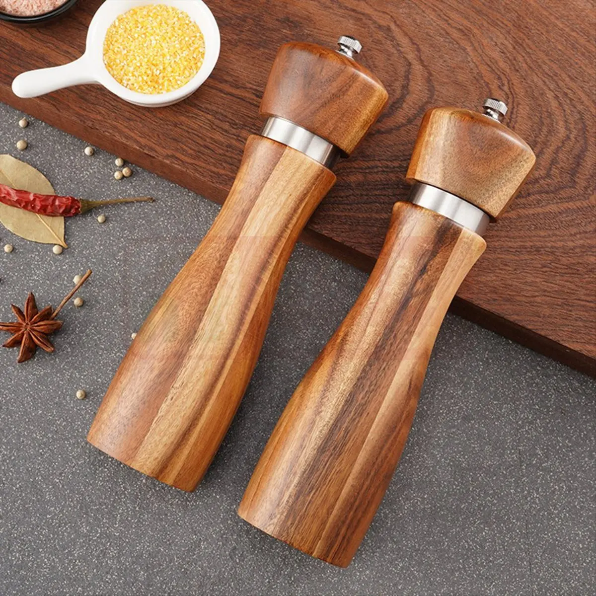 2025+ 2 Pack Acacias Wood Salt and Pepper Grinder Set, Wooden Salt and Pepper Mill Set Salt and Pepper Shaker Tableware 8 Inch