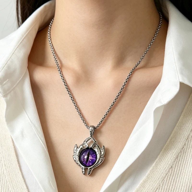 Purple Blue Enamel Cat Eyes Shape Pendants Women's Necklaces Vintage Silver Color Chain Hiphop Style Fashion Neck Jewelry