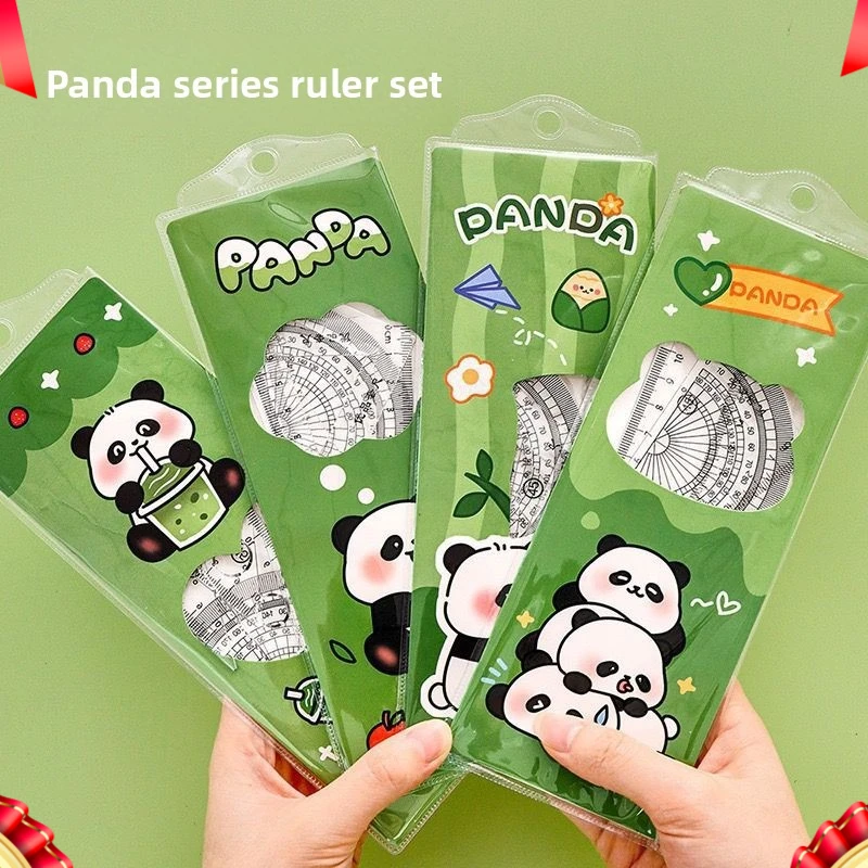 

12 Sets Cartoon Panda Set Ruler Four-piece Set Student Triangular Protractor Wavy Line Ruler Suitable for Office Classrooms