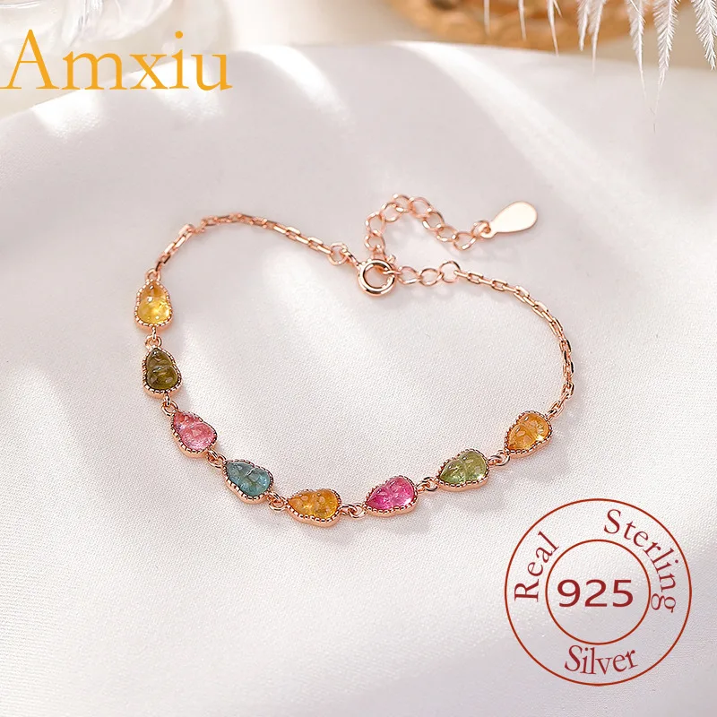 

Amxiu Стерлингового Серебра 925, цветной турмалин ручной работы, покрытый розовым золотом, серебряный браслет ярких цветов с зубным узором тыквы