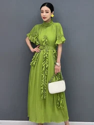 Vefadisa 2024 Summer New Green Women Dress Stand Up Collar Ruffled Edge Sleeves Dress Waist Cinching 3D Decoration Dress HLX393