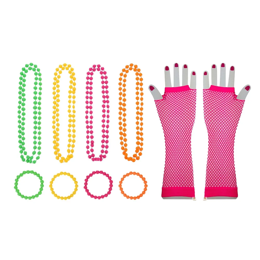 

80s Party Dress Accessories Neon Bead Necklace 80s Party Dress 80s Party Necklace Fishnet Gloves Set