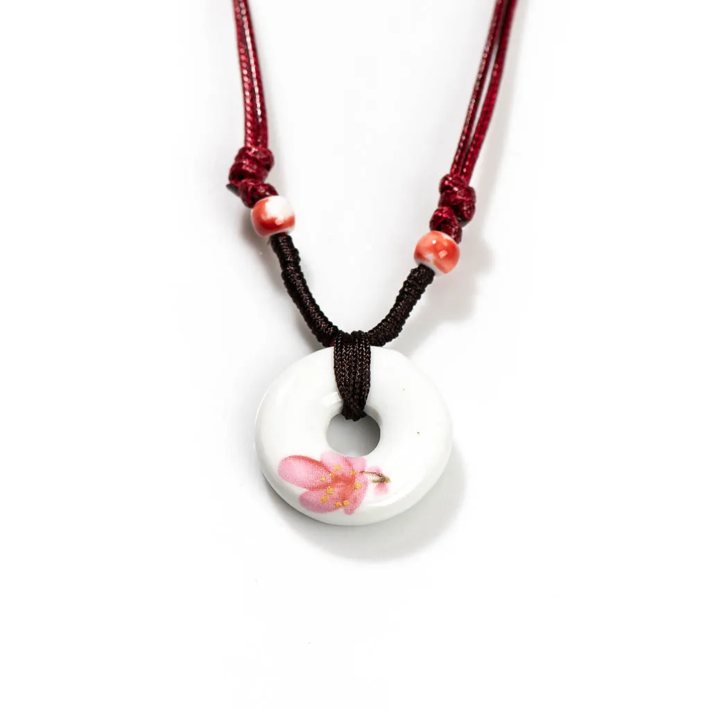 Adjustable Ethnic Necklace with Ceramic Decal Pendant X852 Traditional Chinese Style Jewelry for Women