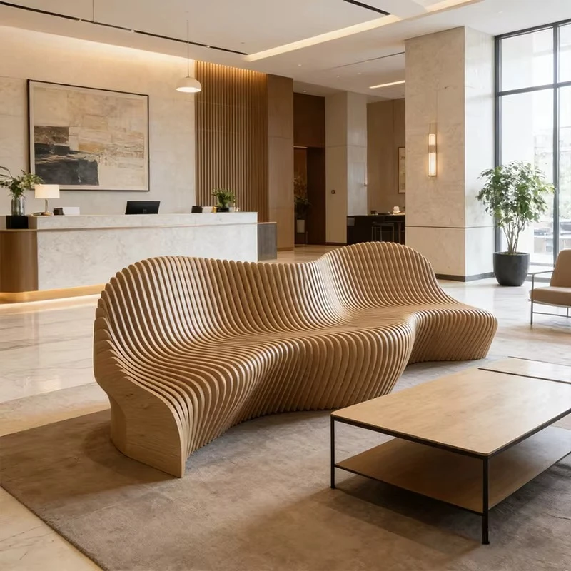 Commercial Bench Modern Parametric Solid Wooden Bench Luxury Durable Wood Waiting Chair for Hotel Office Hobby Garden Airport
