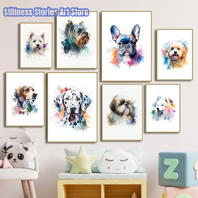 Watercolor Dogs French Bulldog Dalmatian Black Terrier Cute Pet Poster Print Canvas Painting Animal Wall Art Room Home Decor