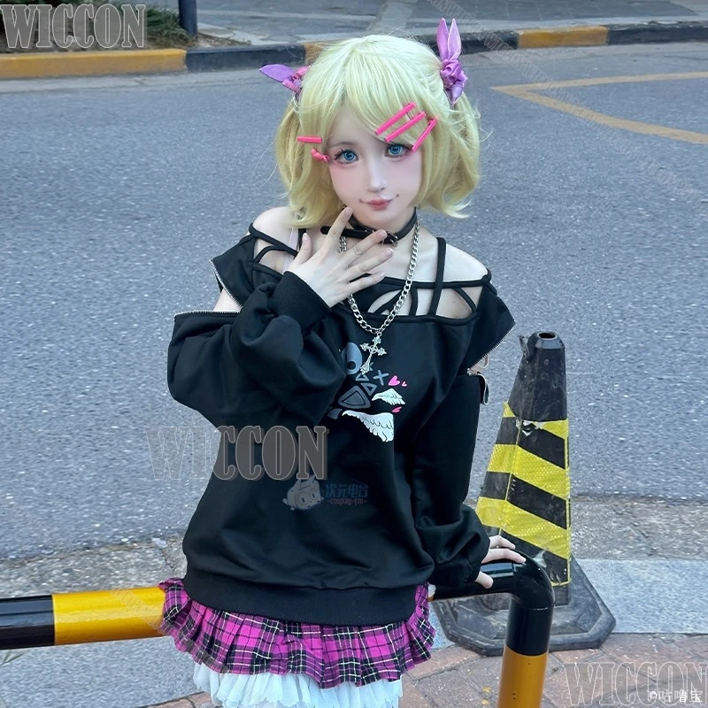 

Jirai Kei Rin Girl Anime Game Cosplay Costume Wig Black Hoodie Top Skirt Hairclip Leg Warmer Girl Women Cos Halloween Customized