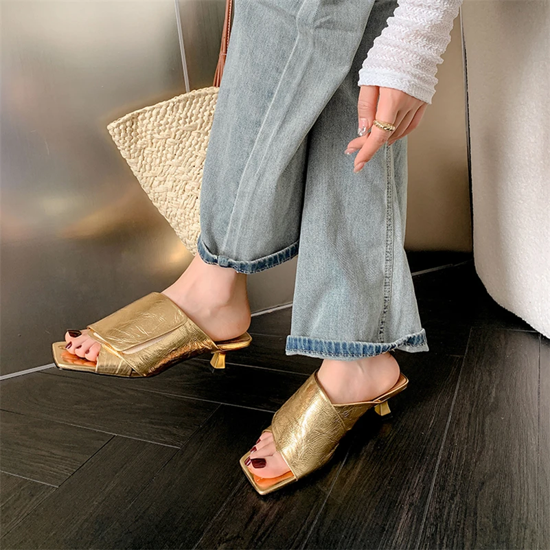 Meotina Women Genuine Leather Slides Square Toe Sandals Thin Mid Heels Slippers Ladies Fashion Casual Shoes Summer Gold Black 41