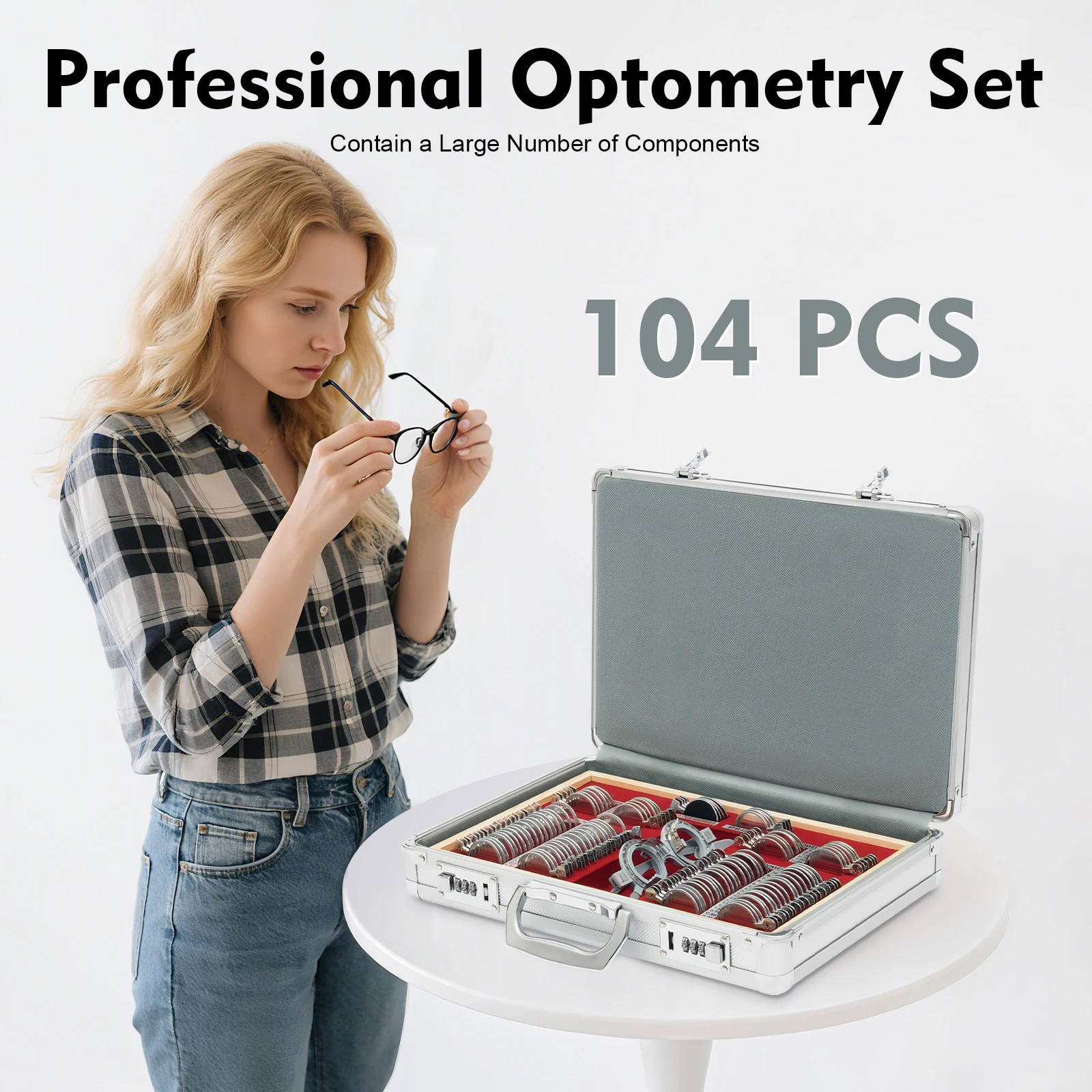 104-Piece Optical Trial Lens Set Professional Optometry Lenses Kit Vision Testing Lenses Set with Carrying Case & Eye Chart