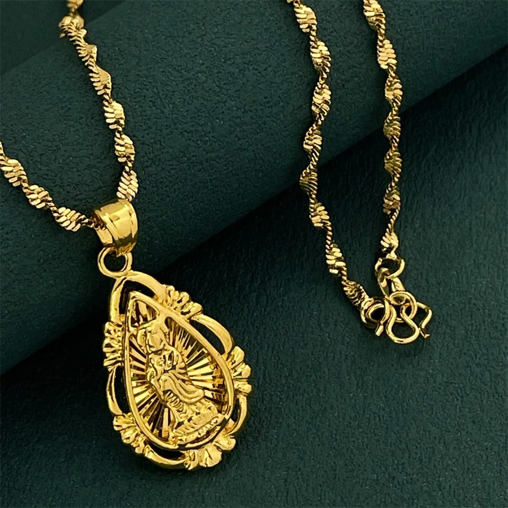 

Luxury 24K 9999 Pure Gold real gold Women's Guanyin Pendant Water Wave Necklace